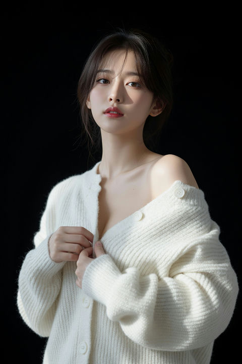 象牙白开衫东亚女性室内暗调人像 - AI图片提示词示例