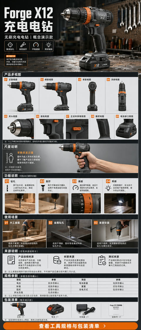 Forge X12 工业风充电电钻详情页设计 - AI图片提示词示例
