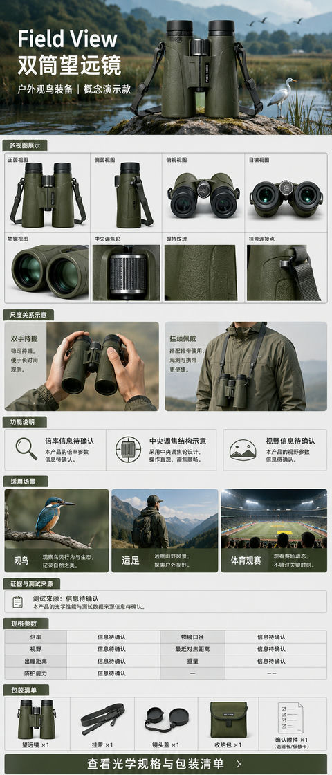 户外深橄榄绿观鸟望远镜电商详情页设计 - AI图片提示词示例