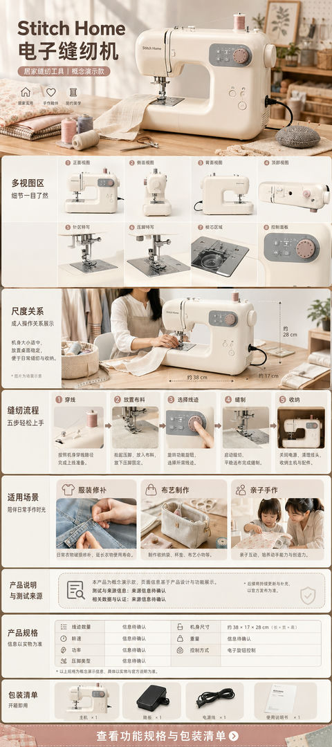 Stitch Home 缝纫机极简详情页设计 - AI图片提示词示例