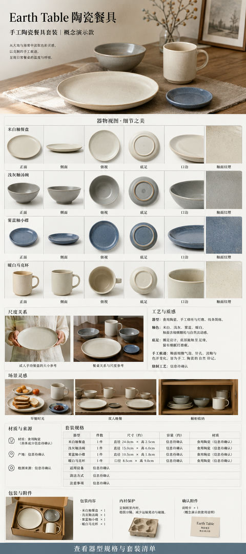 大地餐桌手工陶瓷餐具电商详情页设计 - AI图片提示词示例