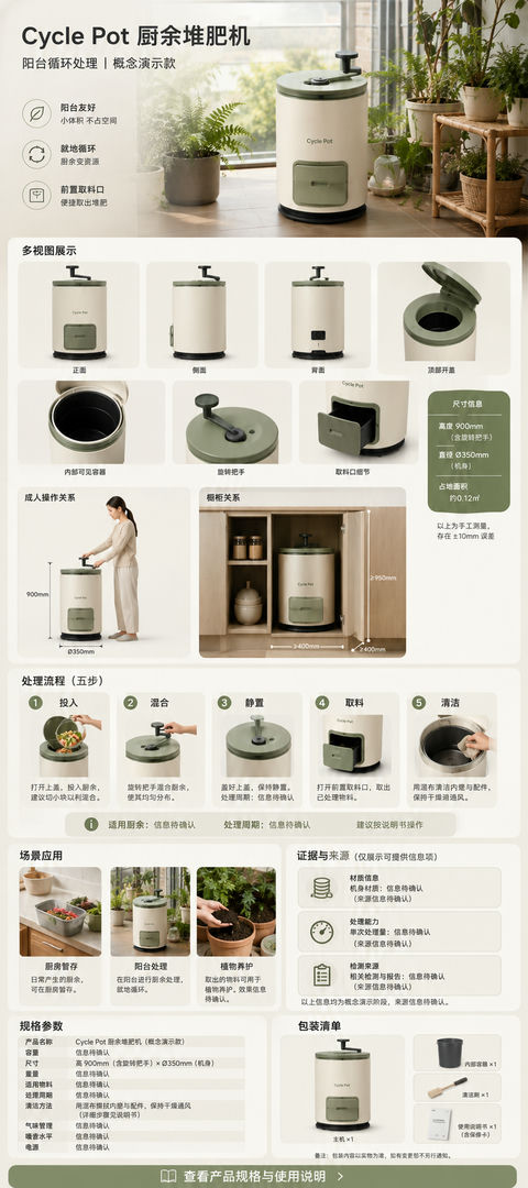 燕麦白自然风厨余堆肥机电商详情页设计 - AI图片提示词示例