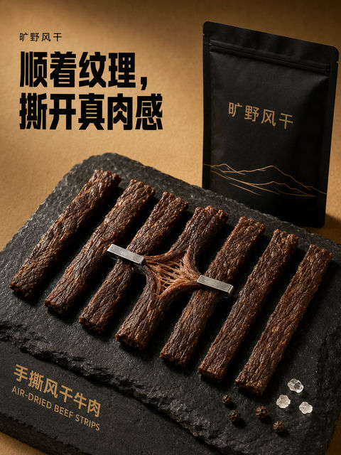 旷野风干手撕牛肉微距纹理质感海报 - AI图片提示词示例