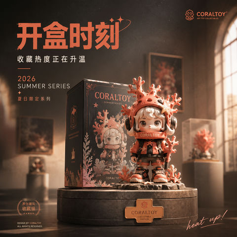 珊瑚橘艺术展陈潮玩盲盒商业主视觉 - AI图片提示词示例