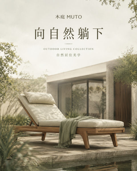园林美学户外躺椅高级品牌大片封面 - AI图片提示词示例