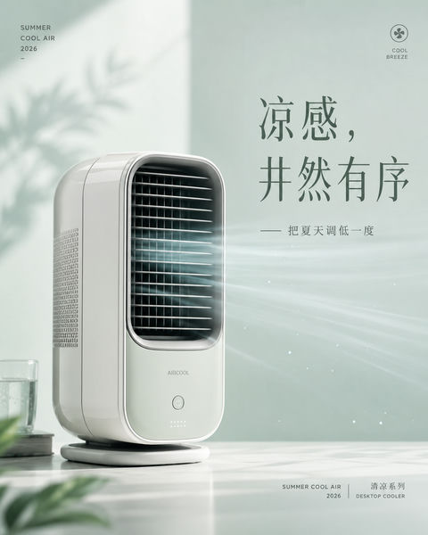 清凉秩序感桌面冷风机社媒封面视觉 - AI图片提示词示例