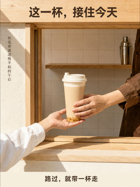 正午街角桂花奶茶温柔递接海报 - AI图片提示词示例