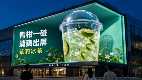 都市巨幕裸眼3D青柑茉莉冰茶广告 - AI图片提示词示例