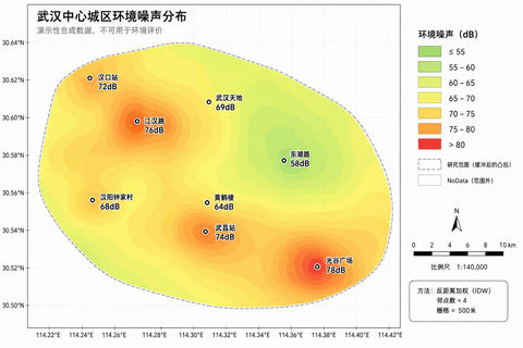 武汉中心城区环境噪声分布空间插值热力图 - AI图片提示词示例