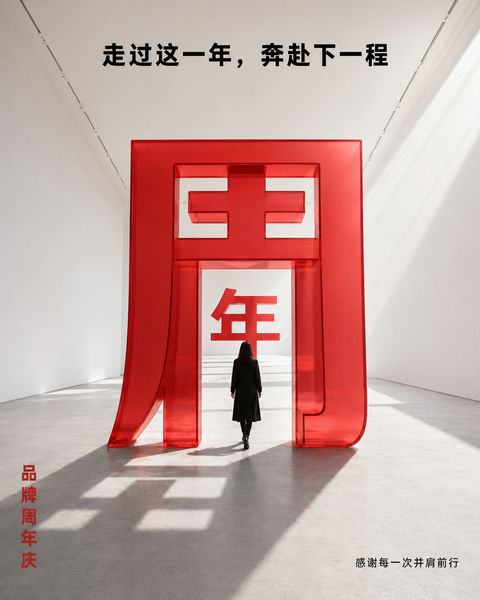 穿越时光之门的红色周年庆建筑海报 - AI图片提示词示例