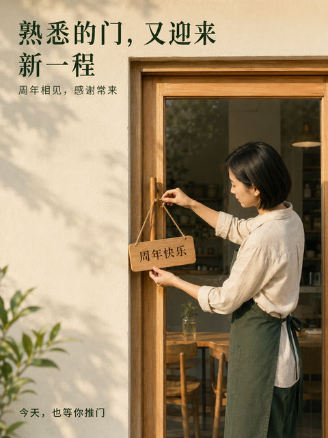 清晨暖阳下的社区小店周年庆纪实 - AI图片提示词示例