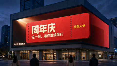 城市商场裸眼3D巨幕红色周年庆入场券 - AI图片提示词示例
