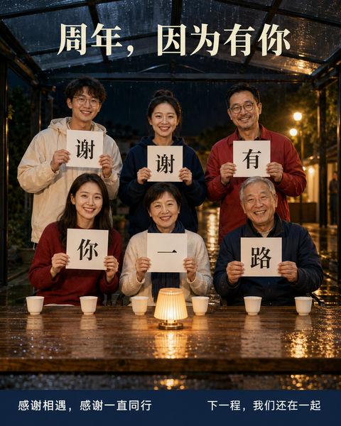 雨夜社区长桌周年庆温情海报 - AI图片提示词示例