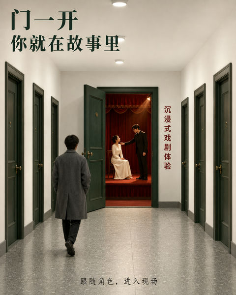推门入戏微型剧场沉浸海报 - AI图片提示词示例