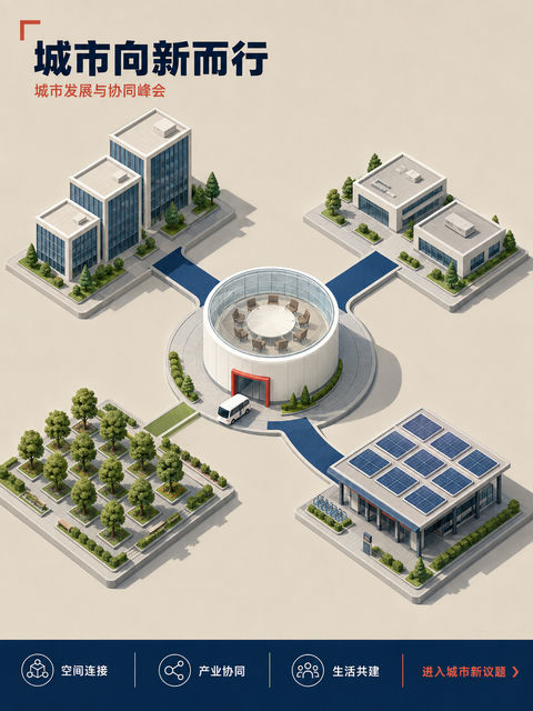 未来城市发展与协同峰会等距插画海报 - AI图片提示词示例