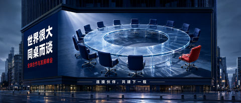 城市巨幕裸眼3D环形会议桌海报 - AI图片提示词示例