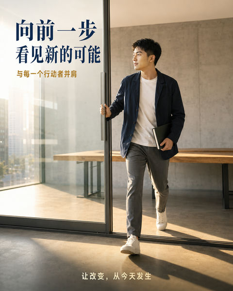 晨光跨越：城市青年的进取瞬间 - AI图片提示词示例