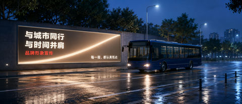 雨后都市场景深蓝公交与暖光灯箱海报 - AI图片提示词示例