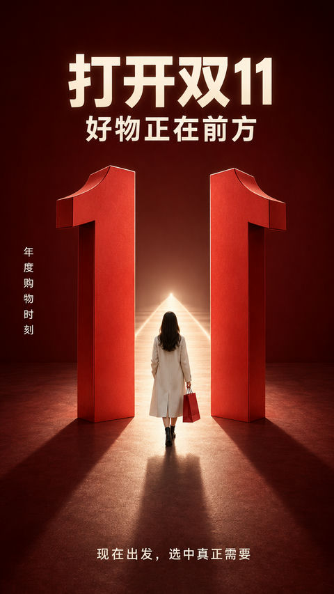 穿越双十一红色购物巨门之境 - AI图片提示词示例
