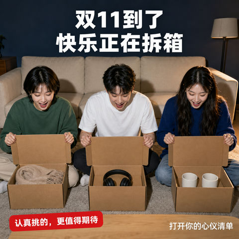 双十一真实瞬间朋友客厅拆箱海报 - AI图片提示词示例