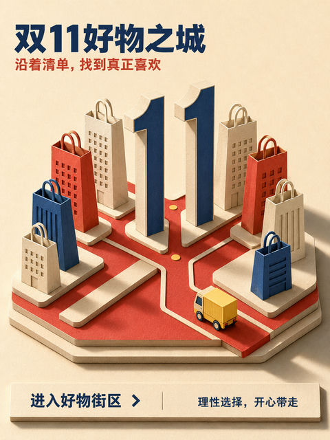 等距纸雕艺术双11购物好物之城海报 - AI图片提示词示例