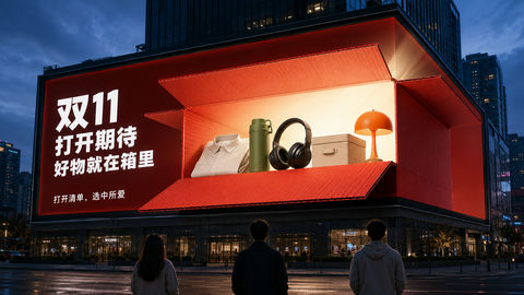 城市巨幕震撼来袭：双11红盒破屏瞬间 - AI图片提示词示例