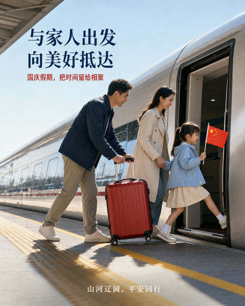 国庆佳节全家出游温馨商业海报 - AI图片提示词示例
