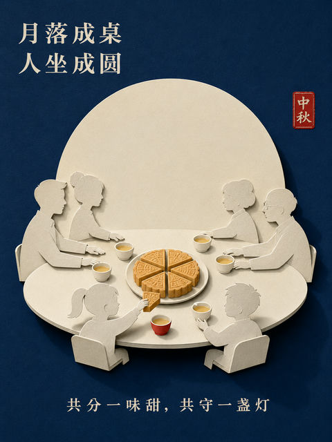 纸雕月落成席：中秋团圆意象海报 - AI图片提示词示例