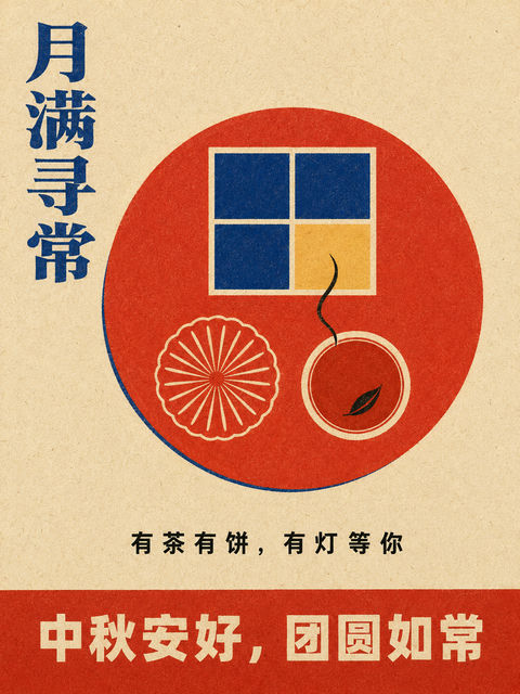 三色孔版几何重构中秋海报 - AI图片提示词示例