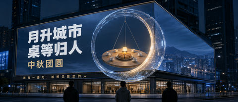 城市巨幕中秋玻璃月亮三维海报 - AI图片提示词示例