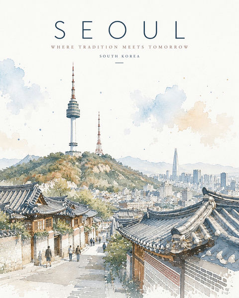 极简水彩风格城市建筑旅行海报 - AI图片提示词示例