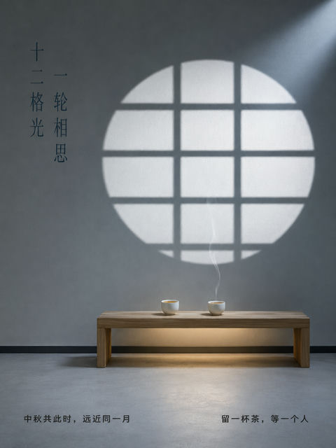月影格窗：中秋极简主义室内美学海报 - AI图片提示词示例