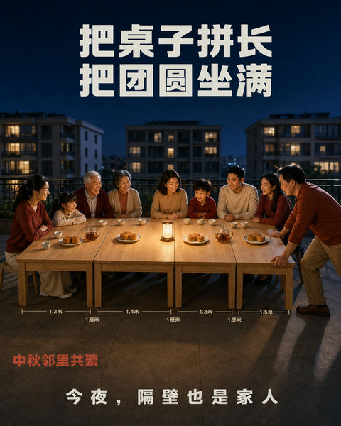仲秋天台四家邻里拼桌共享团圆海报 - AI图片提示词示例