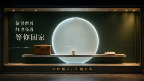 墨绿光影中秋归家温情橱窗海报 - AI图片提示词示例
