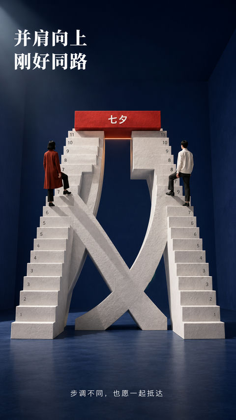 并肩抵达七夕汉字建筑艺术海报 - AI图片提示词示例