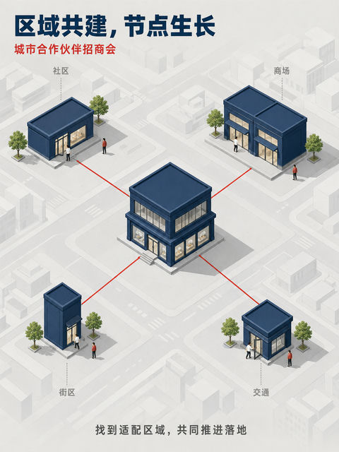 极简等距视角商业街区招商海报 - AI图片提示词示例