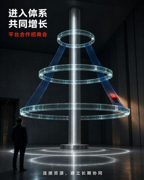 协同共生：三层透明玻璃环生态招商海报 - AI图片提示词示例