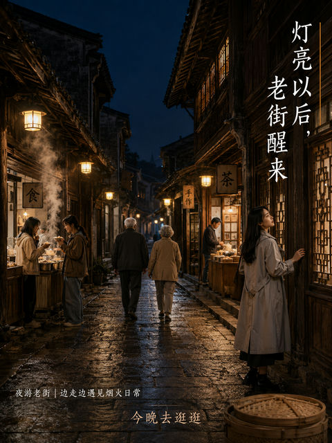 灯火阑珊处的老街烟火气纪实海报 - AI图片提示词示例