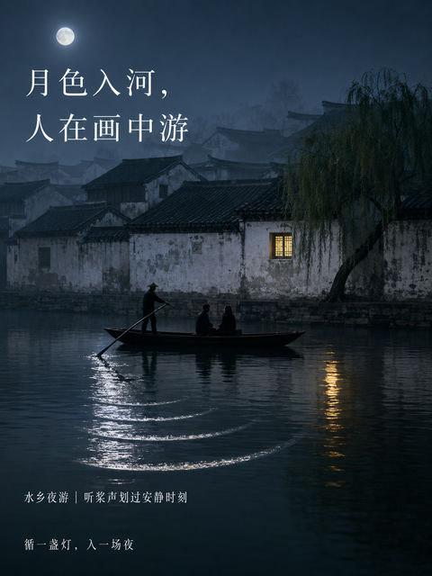 月色入河静谧东方水乡夜游海报 - AI图片提示词示例