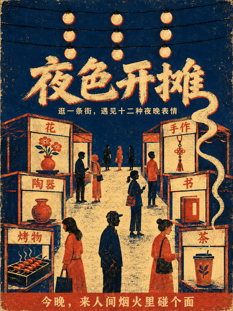 夜色开摊孔版印刷市集海报 - AI图片提示词示例