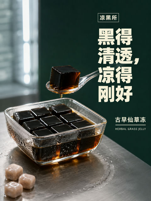 凉黑所古早仙草冻极简美学海报 - AI图片提示词示例