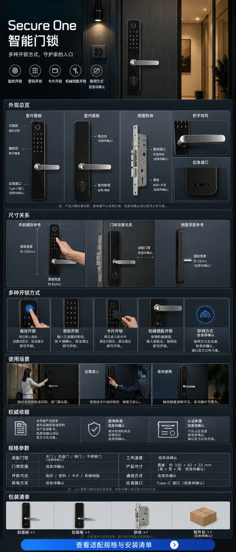 极简科技黑SecureOne智能门锁电商详情页 - AI图片提示词示例