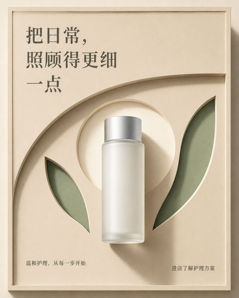极简纸雕风格护肤品门店灯箱海报设计 - AI图片提示词示例