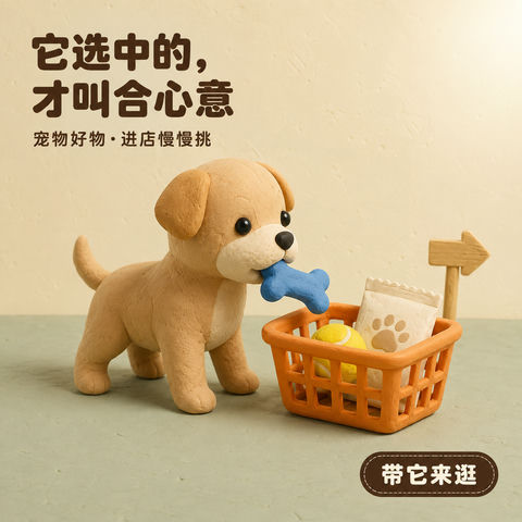 软萌黏土小狗宠物店橱窗海报设计 - AI图片提示词示例