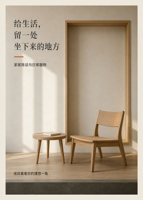 极简建筑期刊风格家居橱窗导视设计 - AI图片提示词示例