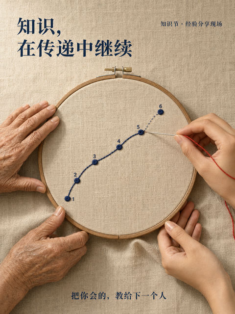 针线交织的传承：指尖上的知识接力海报 - AI图片提示词示例