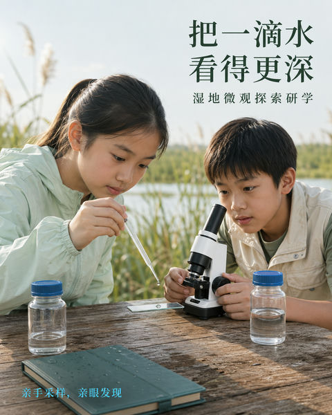 春日湿地微观探索自然科学研学海报 - AI图片提示词示例
