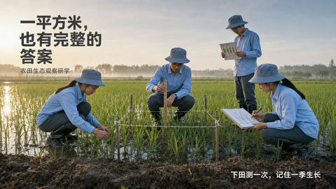 清晨稻田里的劳动教育一平方米观测海报 - AI图片提示词示例