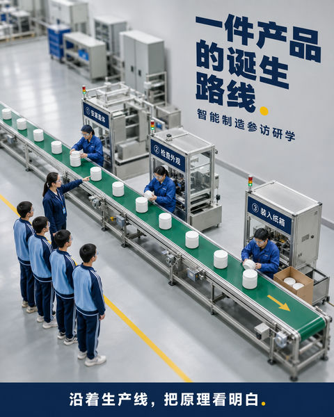 工业研学海报：一件产品的诞生全路径 - AI图片提示词示例