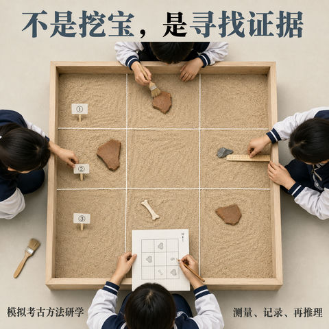 模拟考古研学海报：寻找真实的科学证据 - AI图片提示词示例